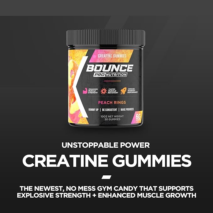Bounce Pro Creatine Monohydrate Gummies for Men &amp Women Low Calorie 6G of Creatine per Serving Vegan Anti-Melting Gluten-Free Non-GMO 2g of Creatine per Gummy (30ct Peach Rings)