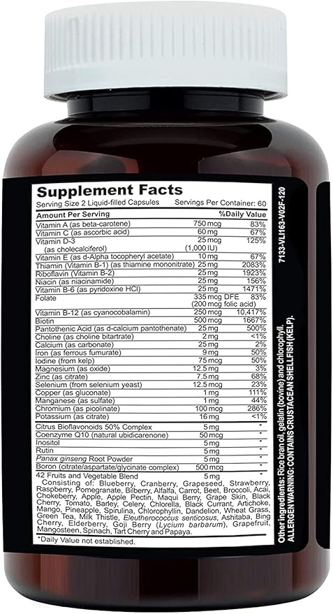 Clinical Daily Complete Whole Food Multivitamin Supplement for Women &amp Men - Complete Liquid Vitamin Absorption! 42 Superfood Fruits Vegetables - Young Adult to Senior - 120 Liquid Capsules