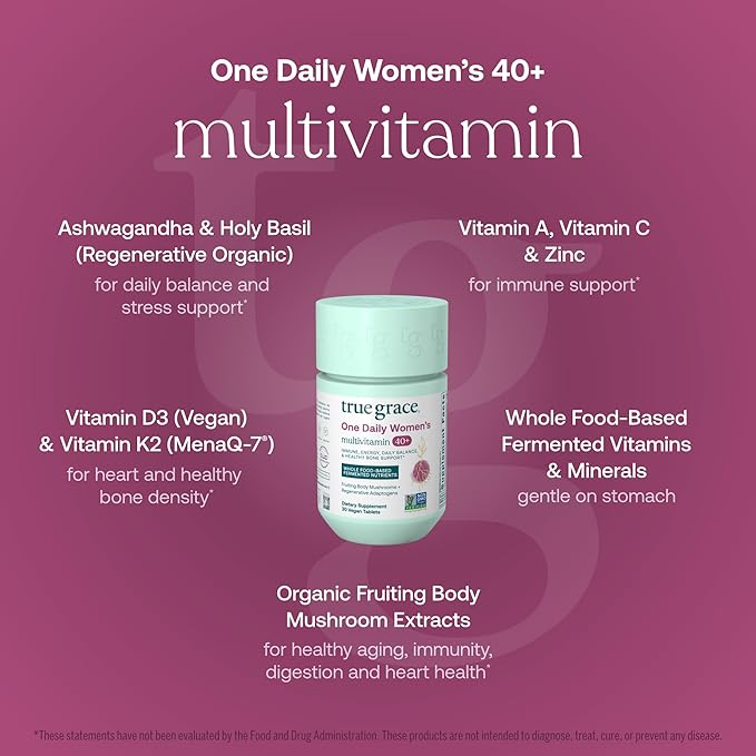 True Grace One Daily Women’s Multivitamin 40+ Fermented Minerals Organic Adaptogens &amp Mushrooms Energy Immune Bone Support - Non-GMO - Iron Gluten &amp Soy Free - 30 Vegan Tablets