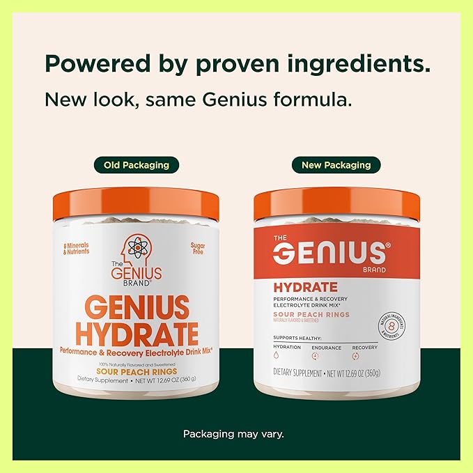 The Genius Brand Genius Hydrate - Electrolyte Supplement for Daily Hydration - Coconut Water - Sugar-Free - 8 Essential Minerals &amp Nutrients - Non-GMO - Sour Peach Rings - 50 Servings
