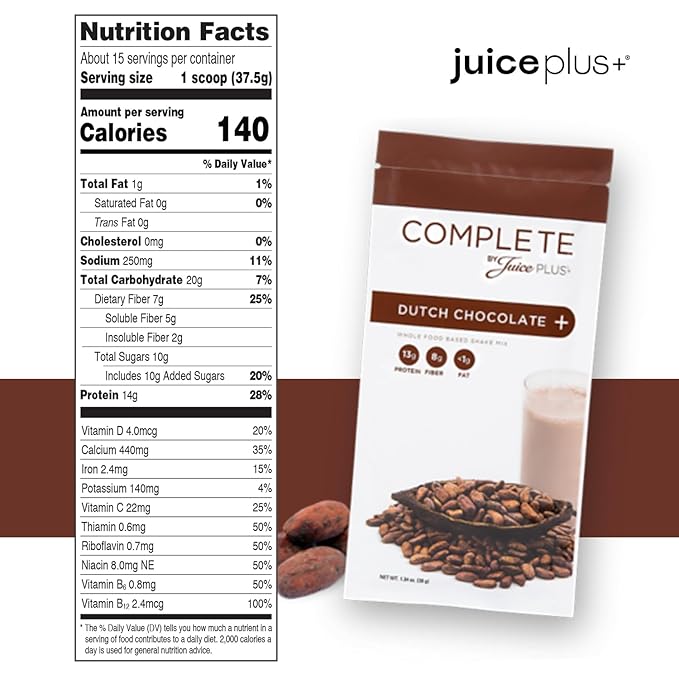 Complete by JuicePlus+ Single Serve Dutch Chocolate Shakes - Plant-Based Nutrition - Vegan Gluten-Free Non-GMO Kosher Whole Food Based Shake Powder with Protein Fiber &amp Prebiotics - 15 Servin