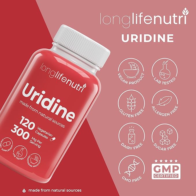 LongLifeNutri Uridine Monophosphate 300mg – Choline Precursor &amp Synaptic Function Nootropic for Focus &amp Mental Performance 120 Vegetarian Capsules 4-Month Supply GMP Certified Made in USA