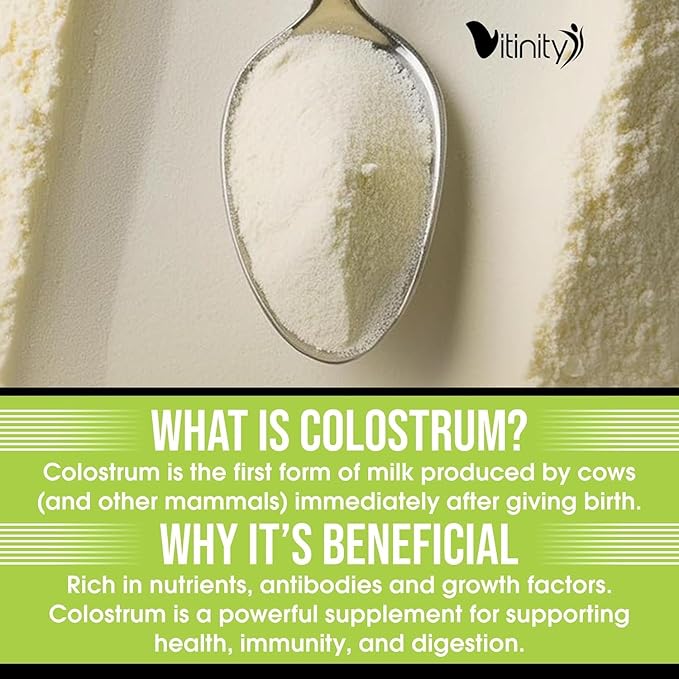 VITINITY Grass Fed Bovine Colostrum Powder for Humans - Natural IgG Colostrum Supplement for Gut Health Immune Support Muscle Recovery &amp Wellness | Pure Colostrum Superfood Unflavored (90 Grams