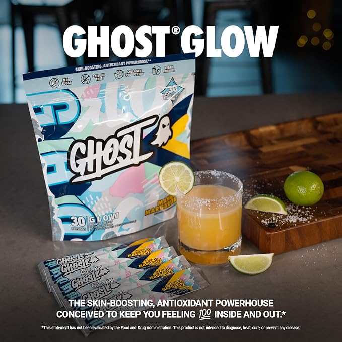 GHOST Glow Sticks: Beauty and Detox Supplement - 30 On-The-Go Stick Packs Mango Margarita - Hyaluronic Acid Biotin &amp L-Theanine for Skin-Boosting Support - Sugar Free Gluten Free