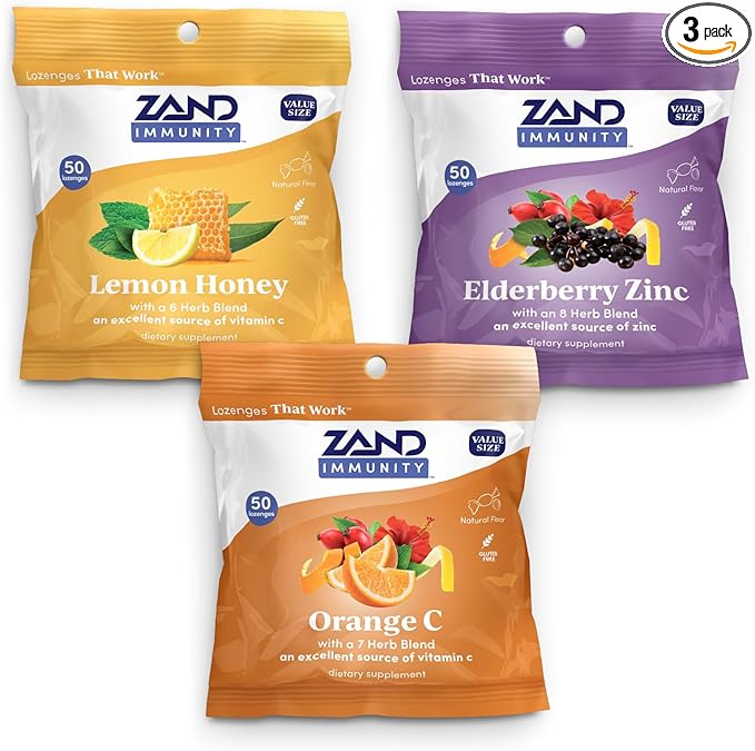 ZAND Immunity Variety 3 Pack - Lemon Honey Elderberry Zinc and Orange C Throat Lozenges - Good-for-You Dry Mouth Lozenges - Immune Support Supplement - Natural Flavor Vegan Gluten Free 50ct ea