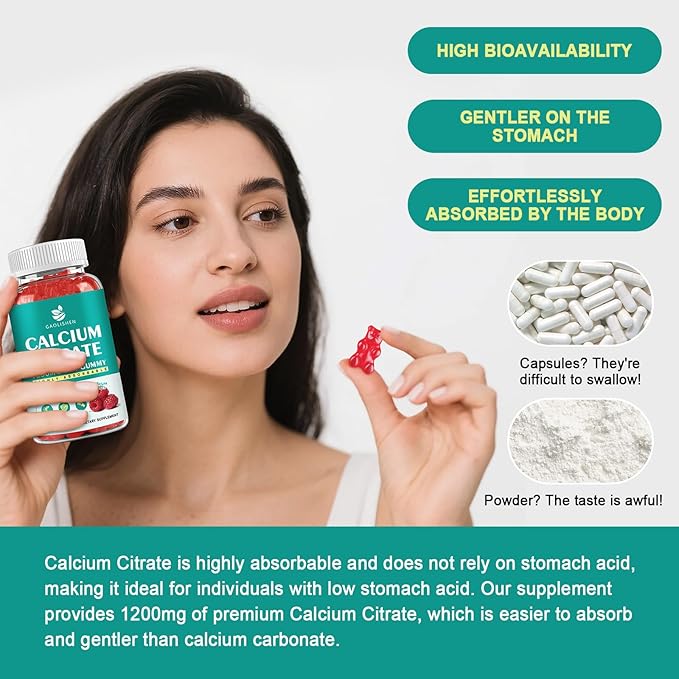Sugar Free Calcium Citrate 1200mg with Vitamin D3 Supplements Gummies Calcium Gummies with Vitamin D3 K2 for Women &amp Men Raspberry Flavor 60 Day Supply