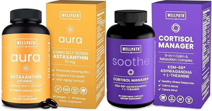 WellPath Astaxanthin 12mg – Natural Astaxanthin Supplements from Microalgae – Antioxidants with Micro Ingredients and Soothe Cortisol Manager - Cortisol Supplements for Women with KSM-66® Ashwagandha
