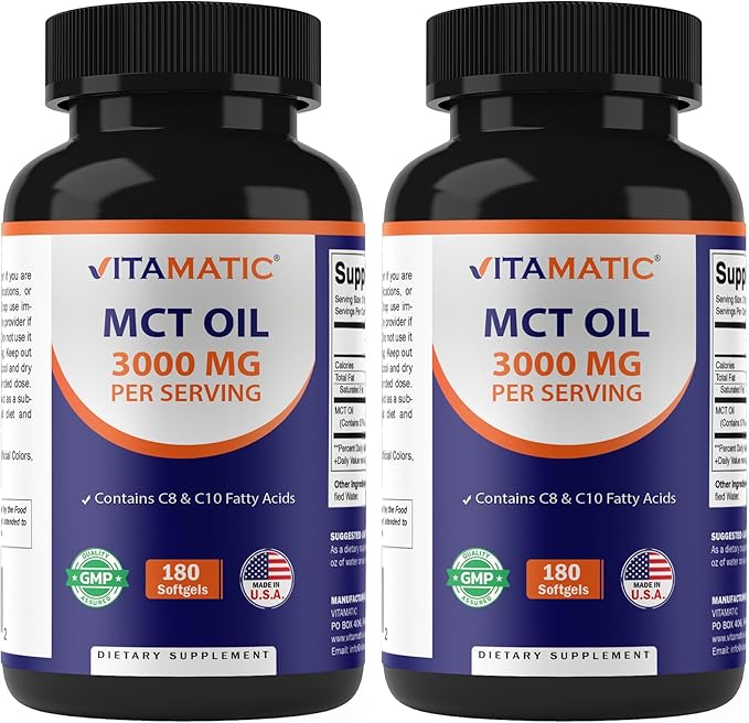 Vitamatic 2 Packs MCT Oil Capsules 3000 mg per Serving - 180 Softgels - from Coconut Oil - Contains 55% caprylic Acid C8 and 40% capric Acid C10 (Total 360 Softgel)