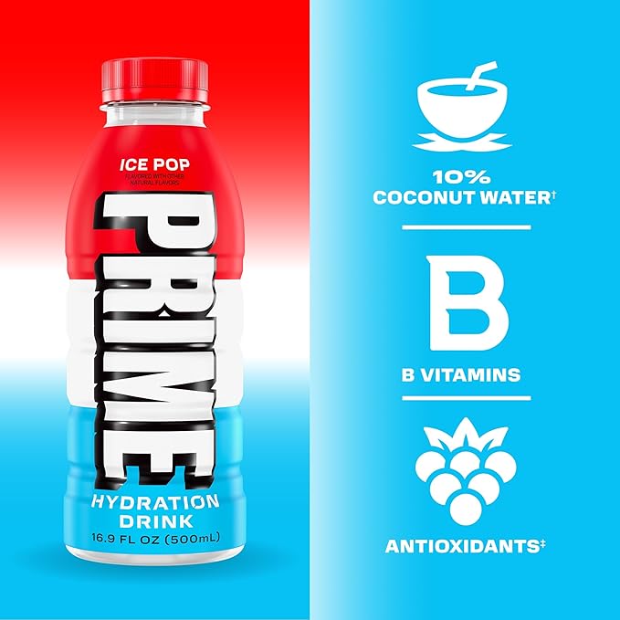PRIME Hydration ICE POP | Sports Drinks | Electrolyte Enhanced for Ultimate Hydration-| 250mg BCAAs-| B Vitamins-| Antioxidants-| 2g Of Sugar-| 16.9 Fluid Ounce-|(Pack of 24)