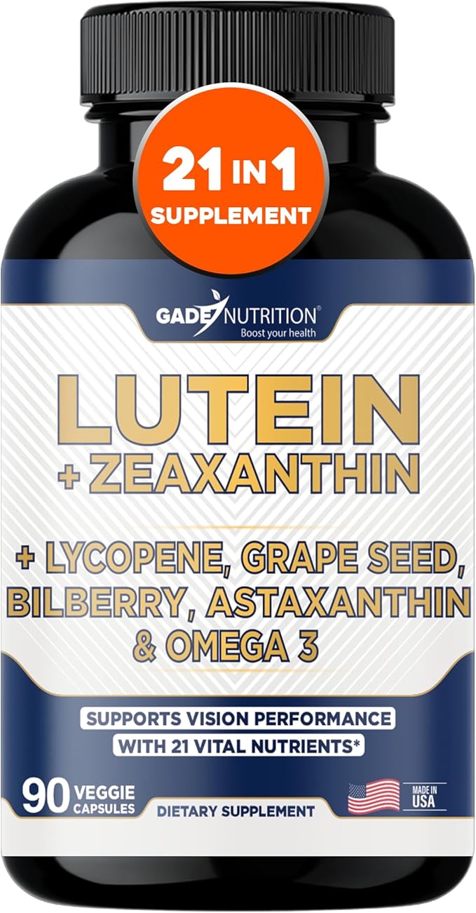 Gade Nutrition Lutein and Zeaxanthin Supplements | Astaxanthin Eye Vitamins with Omega 3 Resveratrol Bilberry Lycopene Quercetin Ginkgo Biloba Vitamin D and More Eye Care Vitamins and Minerals
