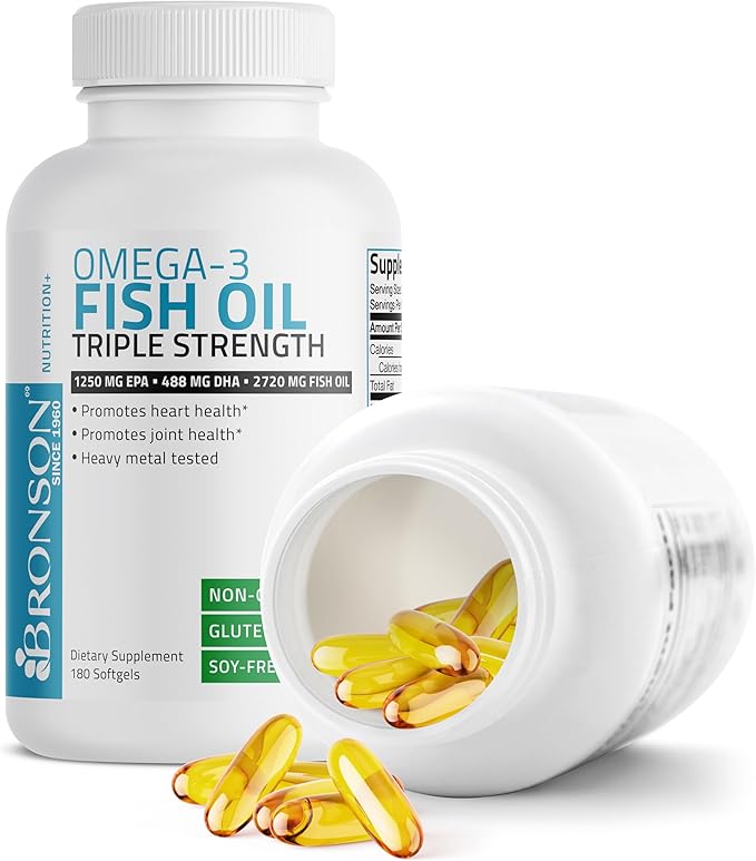 Bronson Omega 3 Fish Oil Triple Strength 2720 mg High EPA 1250 mg DHA 488 mg Non-GMO Heavy Metal Tested 180 Softgels