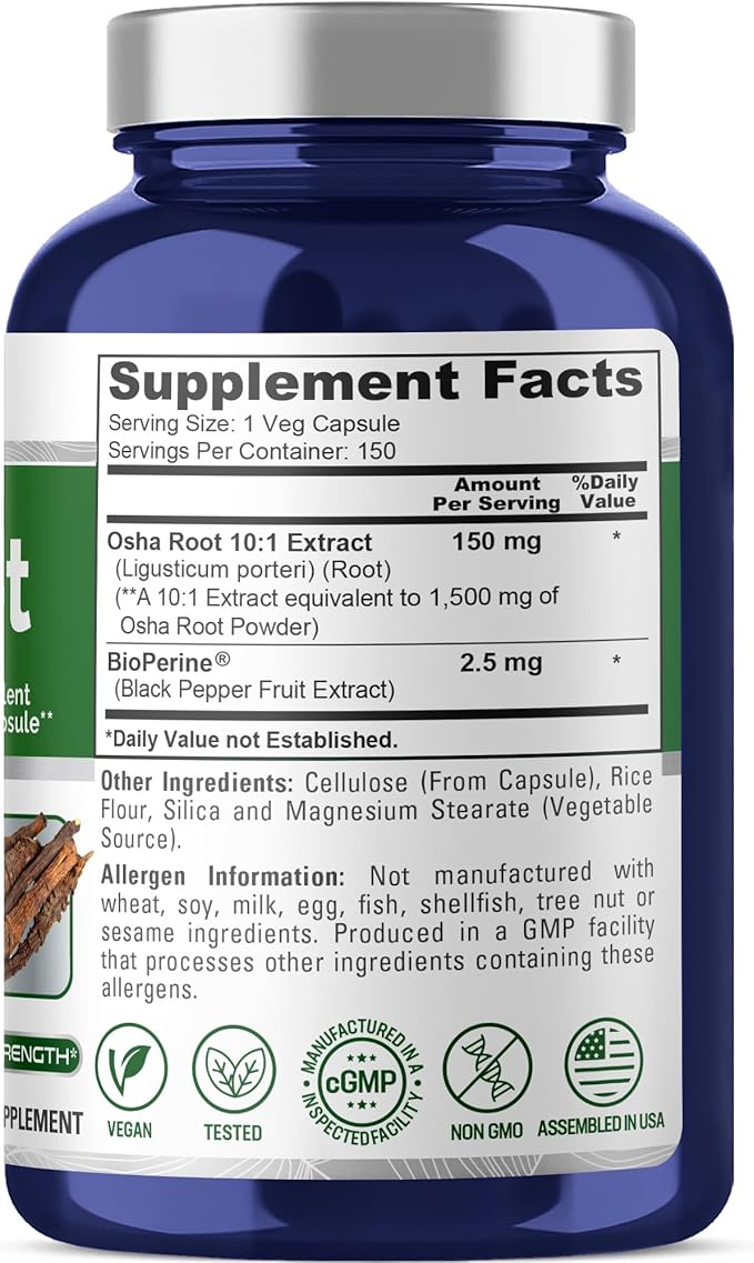NusaPure OSHA Root Extract 1500 mg per Vegan Caps - 150 Count (10:1 Extract Non-GMO Vegan Bioperine) Ligusticum Porteri (Pack of 2)