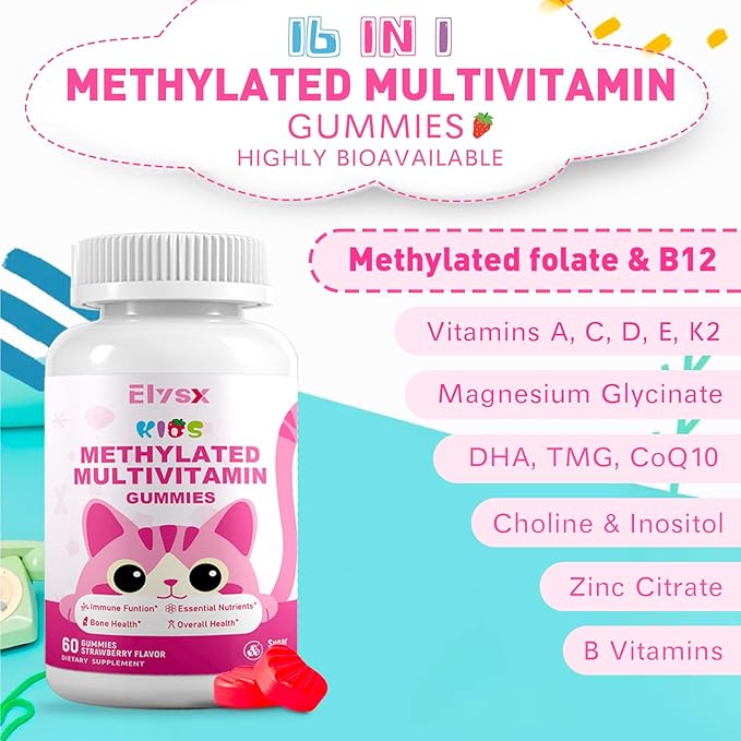Kids Methylated Multivitamin Chewable Gummies MTHFR Supplement with L Methylfolate Magnesium Biotin Choline Inositol DHA TMG &amp Coq 10 Immune &amp Brain Support Strawberry Flavor 60 Ct