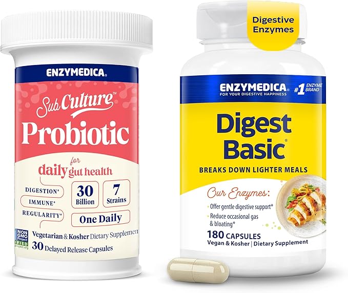 Enzymedica Digest Basic &amp SubCulture Probiotic for Daily Gut Health - Digestive Enzyme Supplement for Women &amp Men Helps Gas &amp Bloating Probiotic Capsules 30 Billion CFU - Pack of 2