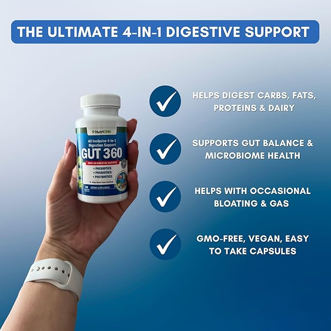 4-in-1 Probiotics Prebiotics &amp Postbiotics with 18 Digestive Enzymes for Women &amp Men - Complete Gut &amp Digestive Support Supplement - Bloating Relief and Enzymes for Digestion - Non GMO -