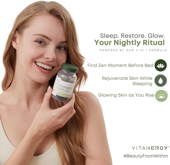 Vitanergy Beauty Sleep &amp Skin Glow Supplement – 4-in-1 Nighttime Support with L-Glutathione Hyaluronic Acid L-Theanine &amp Chamomile – Vegan Made in USA 56 Capsules