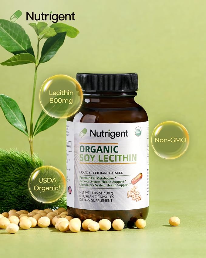 USDA Organic Soy Lecithin Supplement 800 mg High Absorption Liquid Organic Capsules Choline Lecithin Supplement for Brain &amp Liver Health Support Non-GMO Gluten Free 60 Count