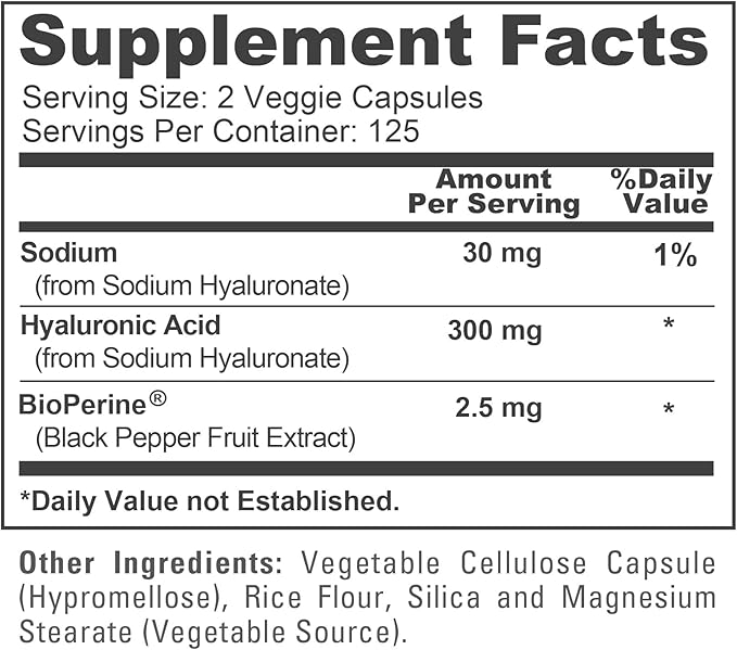 NusaPure Hyaluronic Acid 300mg 250 Veggie Capsules (Non-GMO Vegan)