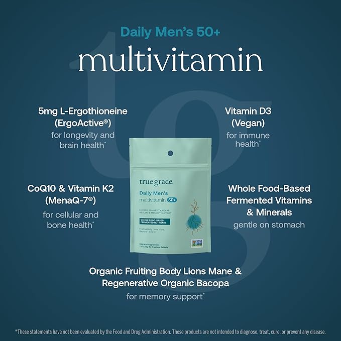 True Grace Daily Men’s Multivitamin 50+ - 120 Easy-to-Swallow Tablets - Immune Energy Longevity &amp Memory Support - Gluten Free Soy Free Vegan - 60 Servings