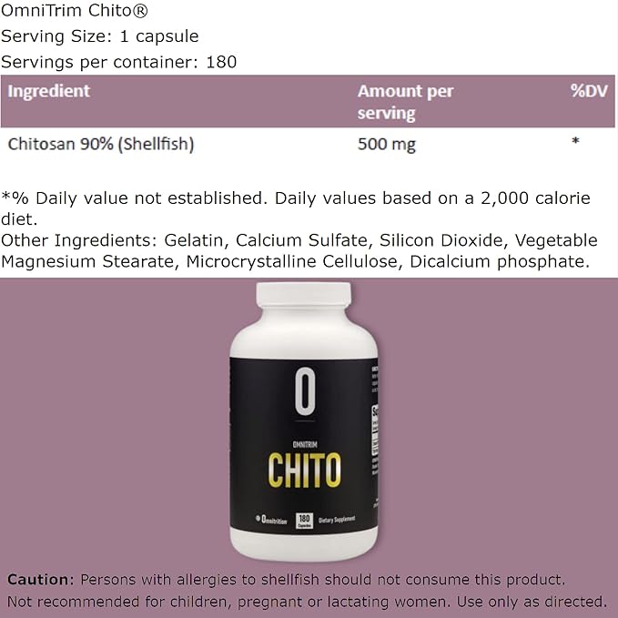 OmniTRIM Chito Dietary Supplement 180 Capsules - Chitosan (Shellfish) 500 milligrams per Capsule