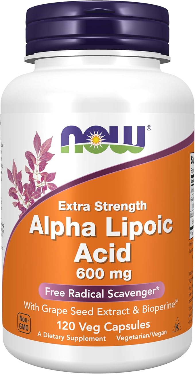 NOW Foods Supplements Alpha Lipoic Acid 600 mg with Grape Seed Extract &amp Bioperine® Extra Strength 120 Veg Capsules