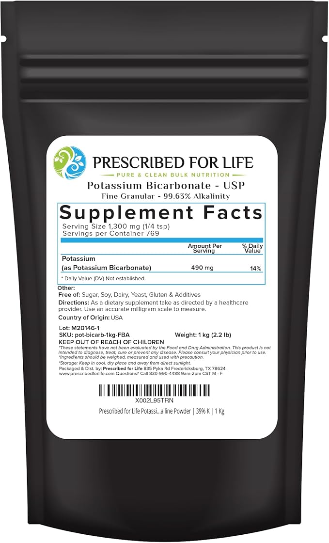 Prescribed for Life Potassium Bicarbonate Powder Pure USP &amp Food Grade Potassium Bicarbonate for Plants Winemaking &amp Baking Crystalline Powder 39% K (1kg / 2.2lb)