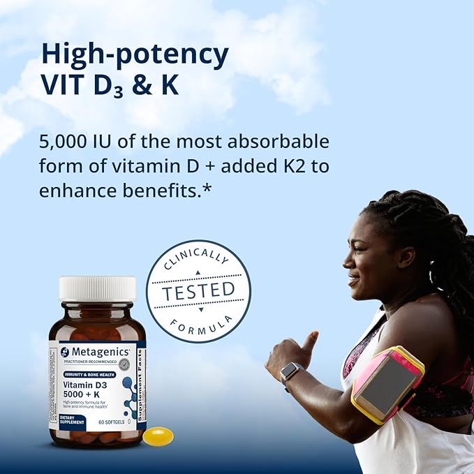 Metagenics Vitamin D3 + K - for Artery Health Immune Support Bone &amp Heart Health* - Vitamin D with MK-7 (Vitamin K2) - Non-GMO - Gluten-Free - 60 Softgels - 5000 IU