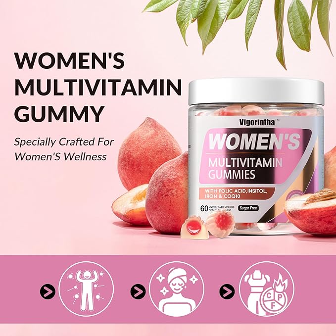 2 Pack Sugar Free Womens Multivitamin Gummies with 19 Multi Vitamins &amp MineralsIronCalciumFolateBiotinInositol for SkinHairEnergy and ImmuneVeganNatural Peach Flavored 120 Count