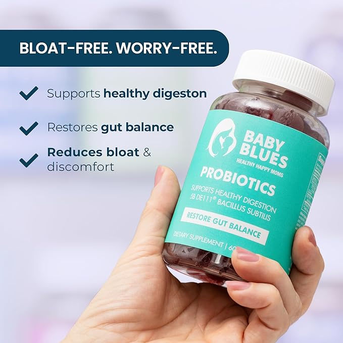Baby Blues Probiotic Gummies for Women – Organic Strawberry Flavor – Gut Immune Skin &amp Vaginal Health – 5 Billion CFU DE111® – Vegan Daily Supplement for Moms – Pre/Postnatal Support