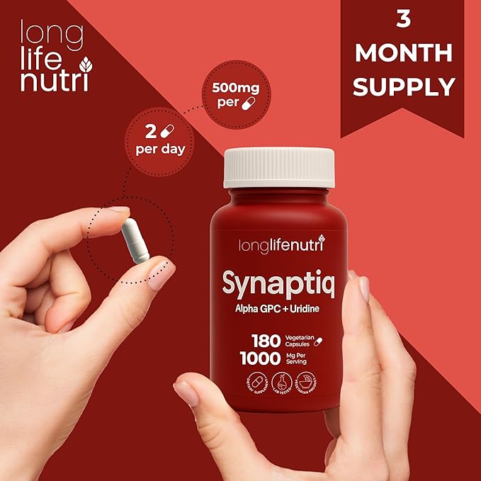 Synaptiq 1000mg (Alpha GPC + Uridine Monophosphate 600mg/400mg) - Nootropic Choline Supplement 180 Vegetarian Capsules 3-Month Supply For Focus &amp Productivity GMP Certified Made in USA