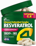 Resveratrol Supplement 1800mg Complex - COQ10 Quercetin Vitamin E Calcium Ascorbate - Powerful Antioxidant Formula for Enhanced Energy Heart Health &amp Healthy-Aging Support Trans Resveratrol 90