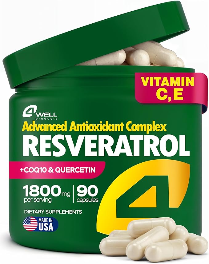 Resveratrol Supplement 1800mg Complex - COQ10 Quercetin Vitamin E Calcium Ascorbate - Powerful Antioxidant Formula for Enhanced Energy Heart Health &amp Healthy-Aging Support Trans Resveratrol 90