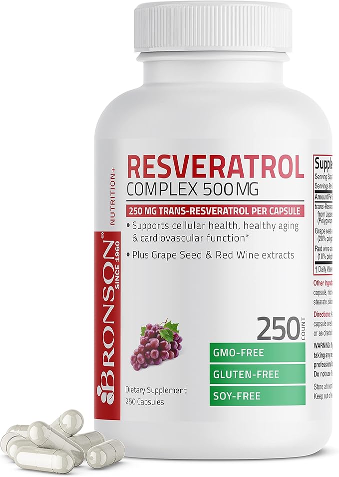 Bronson Resveratrol 500 Complex Standardized Trans-Resveratrol + Grape Seed &amp Red Wine Extract 250 Capsules