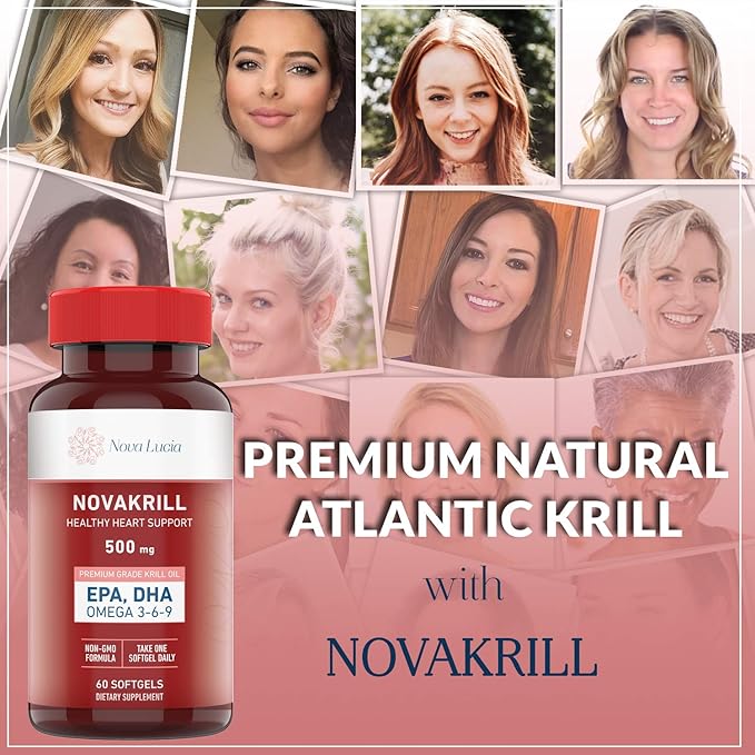 NovaKrill Krill Oil Omega 3 Supplement – 1000mg Softgels with EPA DHA Astaxanthin – No Fishy Aftertaste – Easy to Swallow Antarctic Krill Oil – 60 Liquid Capsules