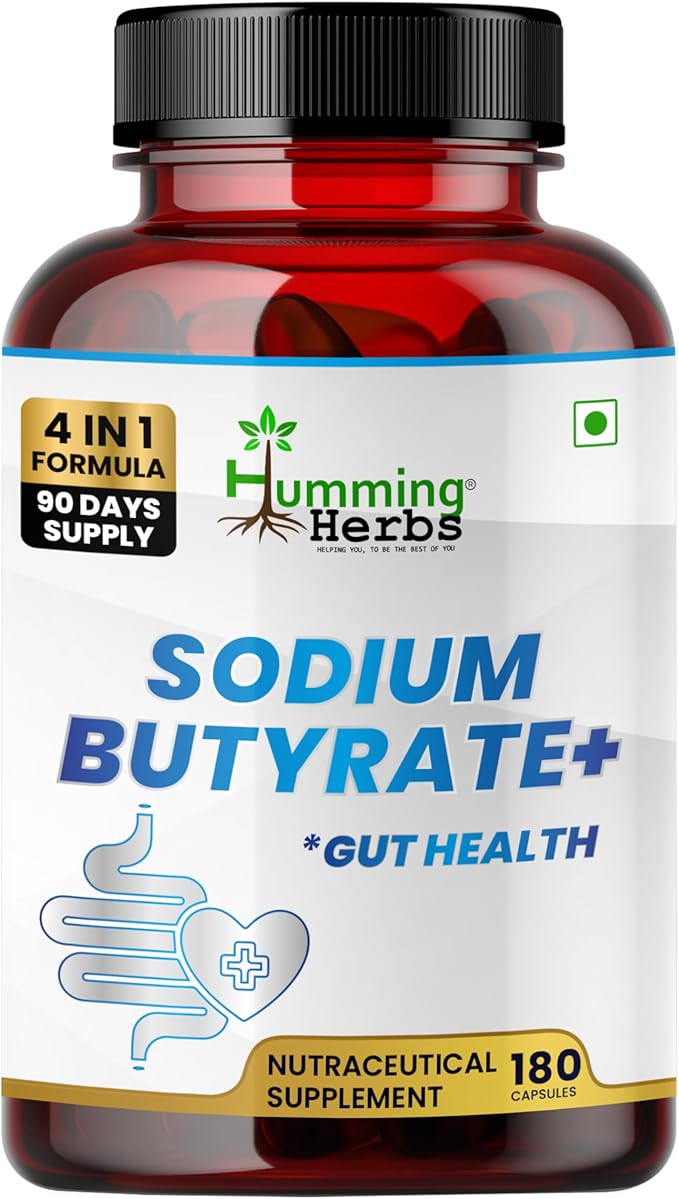 Humming Herbs Sodium Butyrate+ Capsules – 4-in-1 Digestive Support with L-Glutamine + Prebiotic Inulin + Probiotic Blend (10 Billion CFU) – Vegetarian (180)