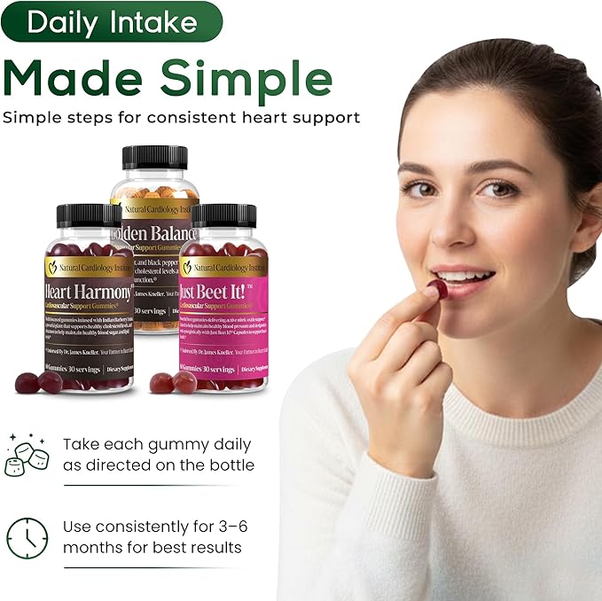 Natural Cardiology Institute 1-2-3 Pressure Down Trio Bundle – Doctor-Formulated Cardiovascular Support System with Just Beet It! Golden Balance &amp Heart Harmony Gummies