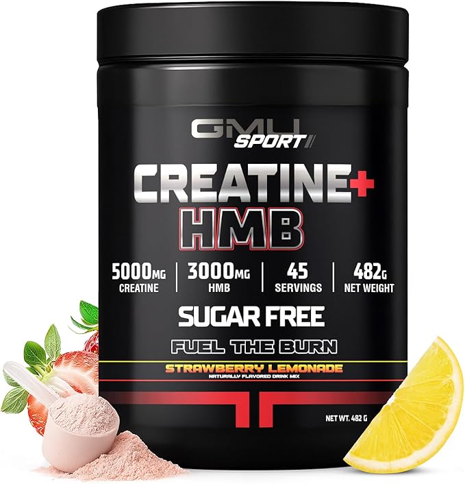 GMU SPORT Creatine HMB Powder – 45 Servings – 5g Creatine Monohydrate + 3g HMB + Piperine – Muscle Growth Strength &amp Recovery | Strawberry Lemonade Drink Mix for Men &amp Women