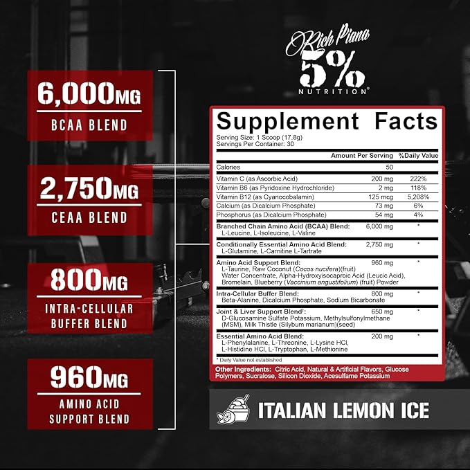 5% Nutrition Rich Piana AllDayYouMay BCAA Powder | Premium Intra &amp Post Workout Amino Acids Hydration Endurance Muscle Recovery Joint &amp Liver Support | 18.8 oz 30 Servings (Italian Lemon