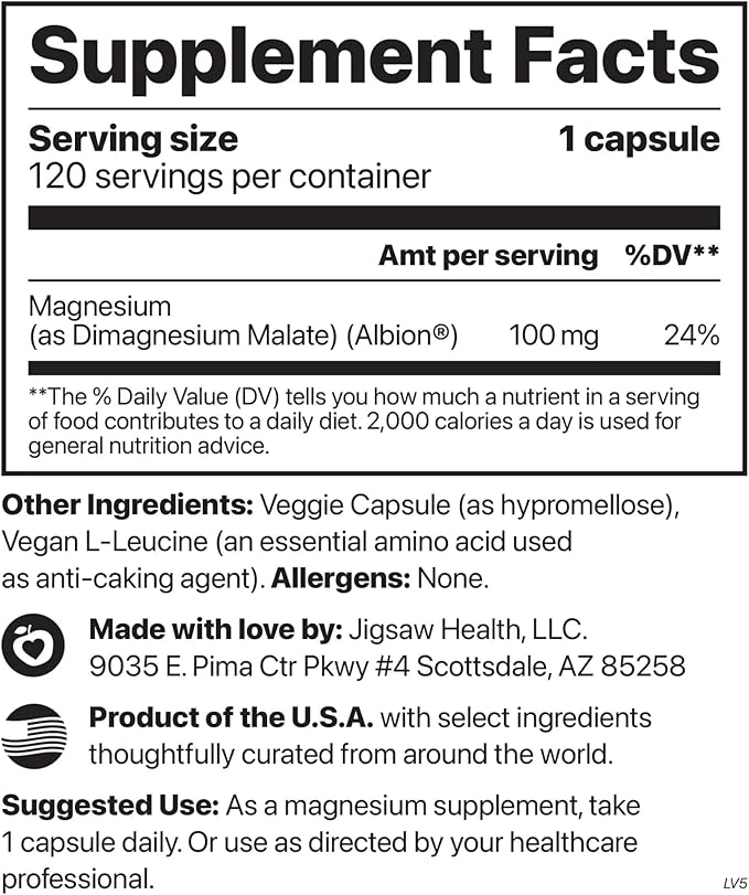 Jigsaw Health MagPure Malate | Premium Magnesium Malate Capsules | 120 Servings