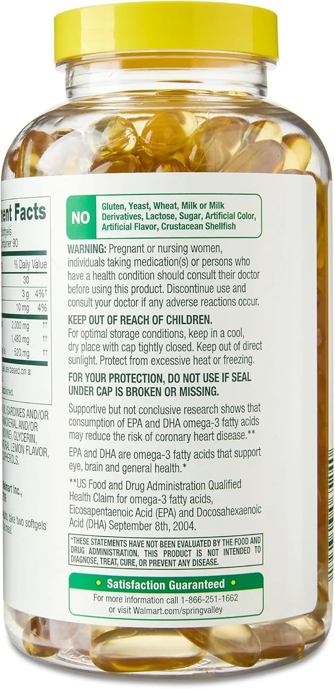 SUREFECT Spring Valley Maximum Care Omega-3 2000mg Fish Oil - 180 Softgels - General Wellness &amp Cardiovascular Support* - High EPA/DHA (1480mg) Lemon Flavor Organizer.