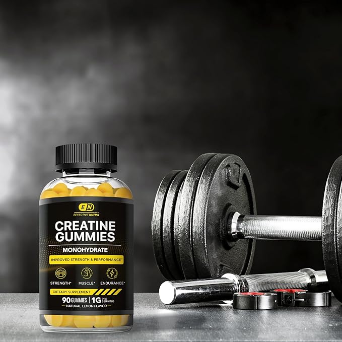 Effective Nutra Creatine Monohydrate Gummies - 1g Creatine per Gummy - Vegan Muscle &amp Strength Supplement for Men &amp Women - Supports Muscle Growth Energy Endurance - Lemon Flavor Made in US