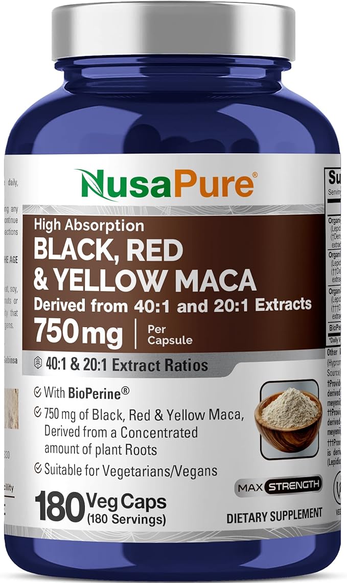 NusaPure Maca Root Black Red Yellow Capsules 750 mg 180 Veg Capsules (Non-GMO Vegan)