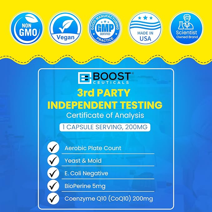 BoostCeuticals CoQ10 200mg Ubiquinone - Heart Health &amp Statin Muscle Support Cellular Energy Healthy Blood Pressure Range Powerful Antioxidant 90 Vegan Capsules