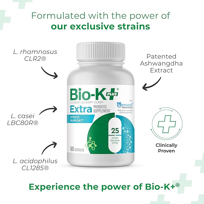 Bio-K+ Probiotic for Stress Support with Sensoril® Ashwagandha Daily Probiotic Supplement to Support Stress &amp Sleep 25 Billion CFU Vegan Shelf-Stable – 60 Capsules