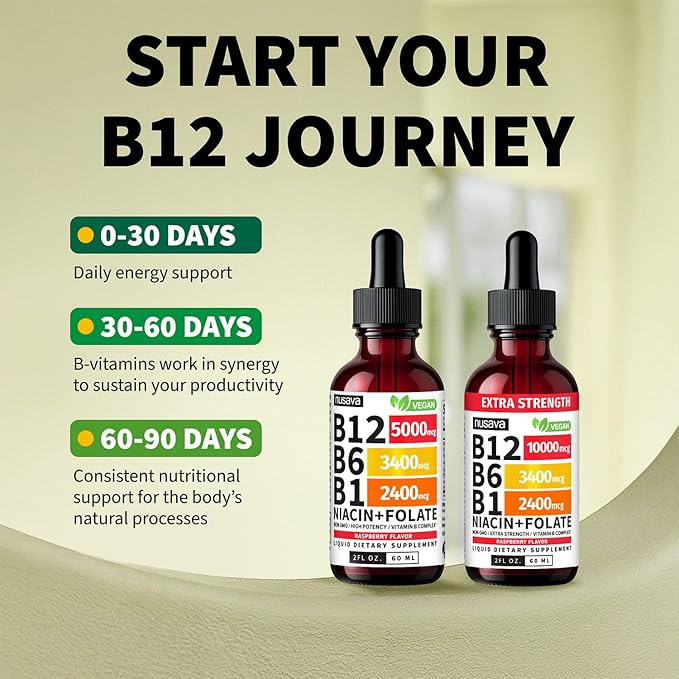 NUSAVA (2 Pack Extra Strength Liquid Vitamin B12 Sublingual Vitamin B Complex - B12 Drops 10000mcg - Methylcobalamin for Energy Brain and Heart Support Raspberry Flavor 2 floz 80 Servings