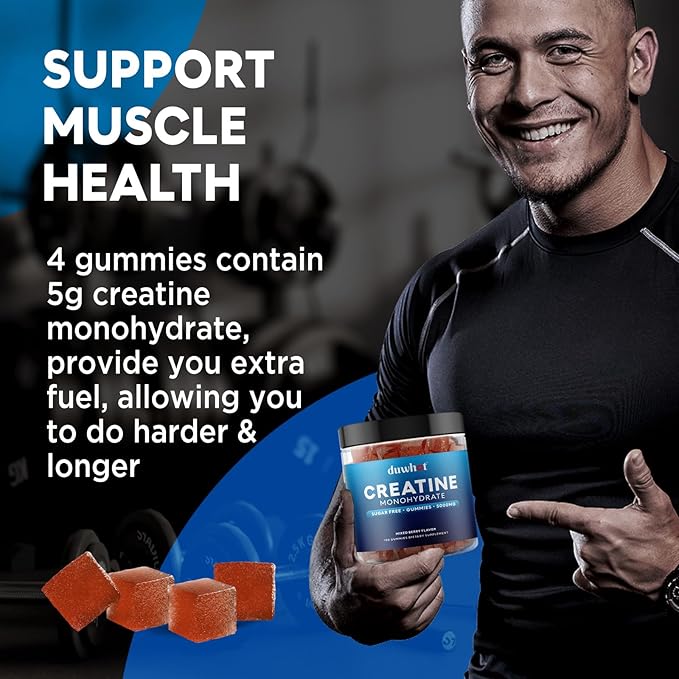 duwhot Creatine Monohydrate Gummies for Men Creatine Monohydrate Chewables 5g Per Serving Vegan Sugar Free Mixberry Flavor 120 Count