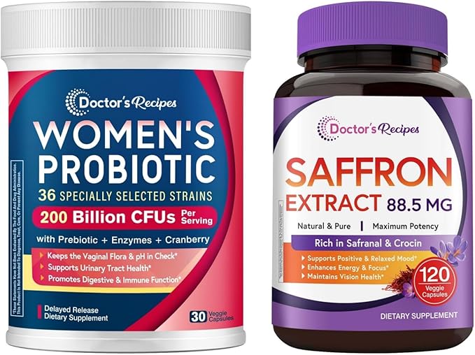 Doctor's Recipes Women’s Probiotics + Saffron Bundle (Pack of 2) | 200B CFUs 36 Strains Probiotic (Item 1) &amp 88.5 mg Saffron Extract Supplement (Item 2) | 30 Capsules + 120 Capsules