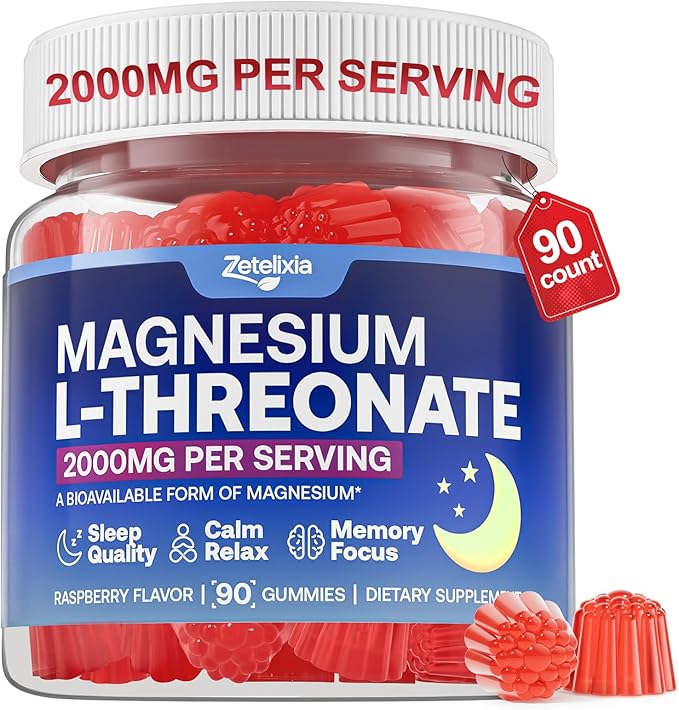 90 Count | Magnesium L-Threonate Gummies 2000mg Magnesium Threonate Supplement for Adults &amp Kids Support Cognition Restful Sleep &amp Muscle Health Sugar Free Vegan Non-GMO Raspberry Flavo