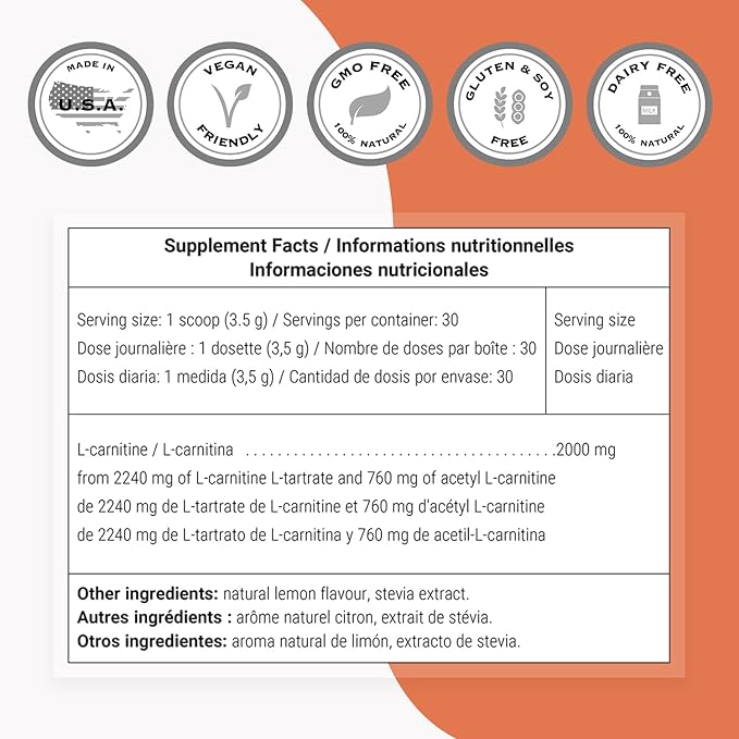 Supersmart - L-Carnitine Formula - with Acetyl &amp Tartrate - Amino Acids | Non-GMO &amp Gluten Free - 105 g