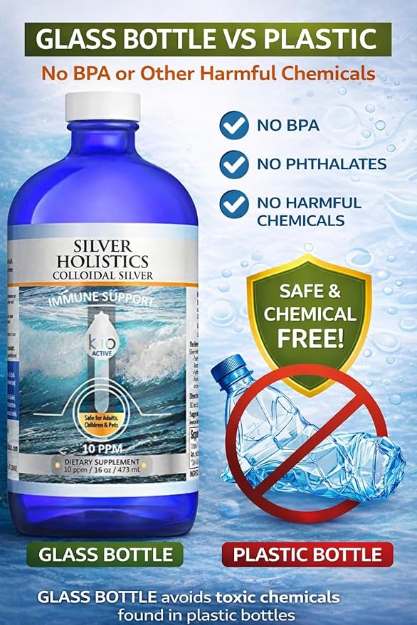 Colloidal Silver Liquid by Silver Holistics - 16 Oz. Glass Bottle - 10 PPM with Measuring Cups for Immune Support